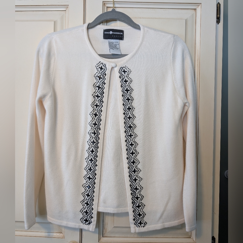 Sag Harbor 2-in-1 Cream Cardigan with Black Beaded Geometric Design